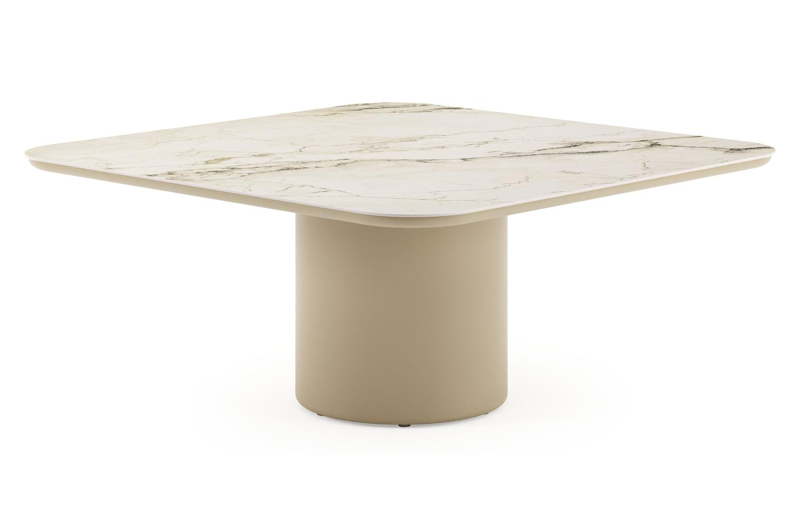 Amico low dining tuintafel afgerond vierkant in beige aluminium en volkeramiek Colorado Dunes - L 148 x B 148 x H 61 cm