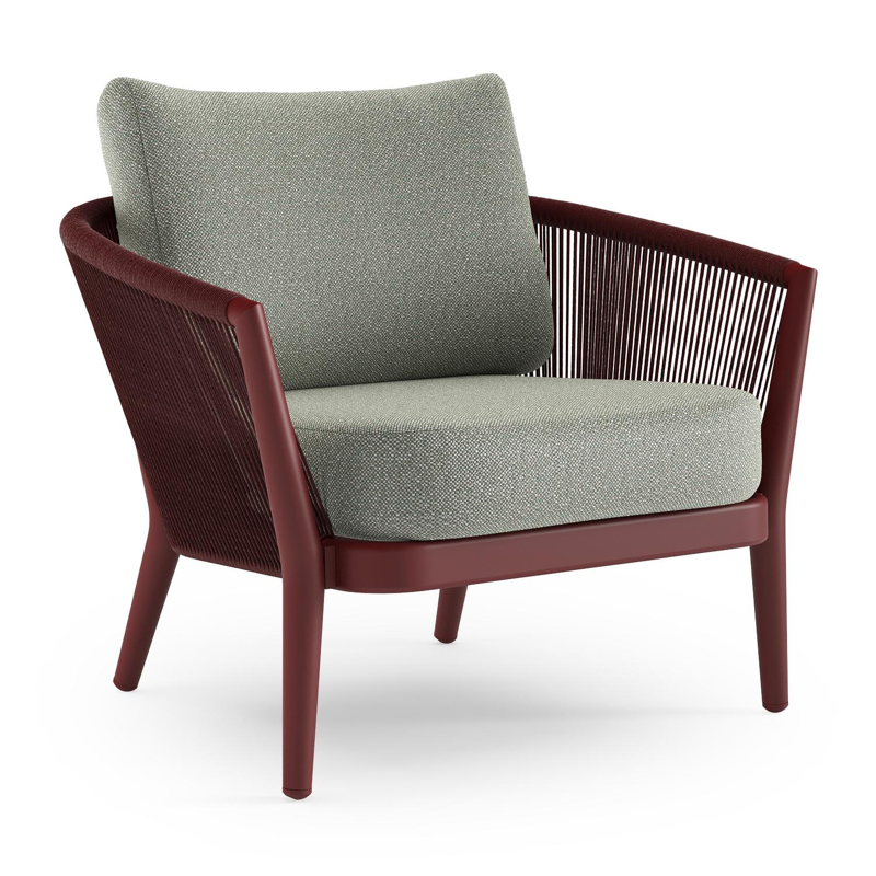 Orso loungestoel in ruby aluminium en ruby verticaal geweven ronde rope met Savane Leaf all weather sunbrella® luxe kussen