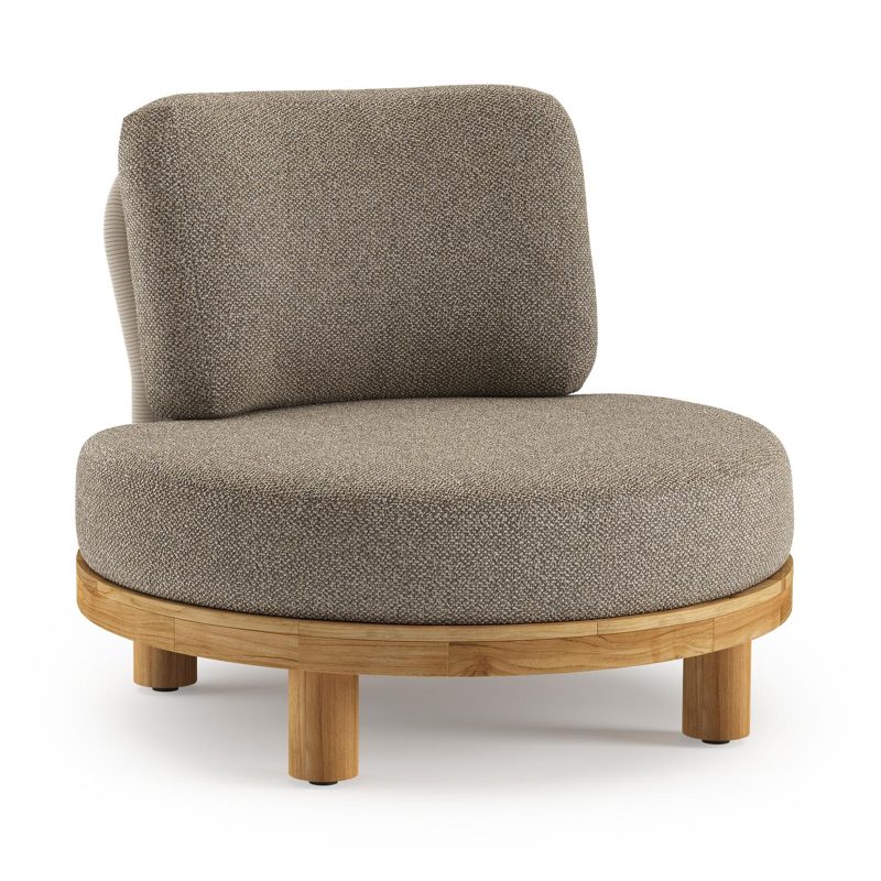 Donato loungestoel in teak en beige verticaal geweven ronde rope met all weather cosytica Madagascar Burch kussen