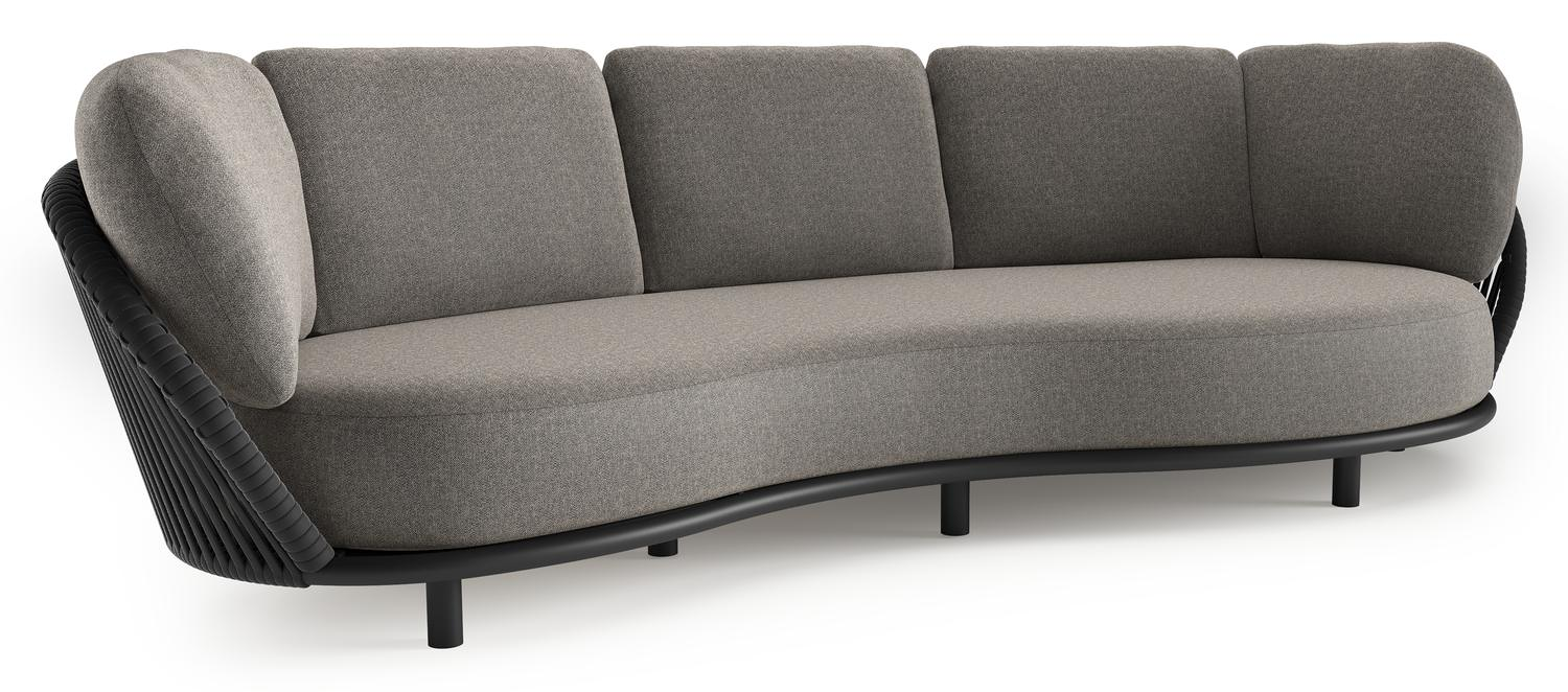 Lupino loungebank in zwart aluminium en zwart verticaal geweven luxe vlakke brede rope met chartres drizzle all weather sunbrella® luxe kussen