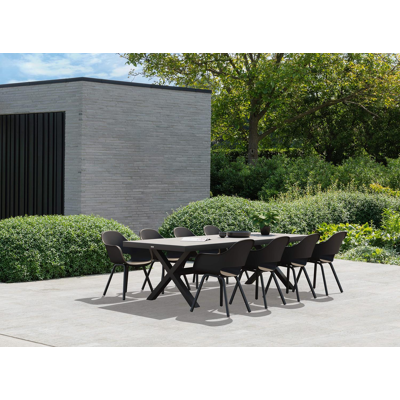 Reza tuinset in zwart aluminium en grijs volkeramiek tafelblad met 8 Artena tuinstoelen