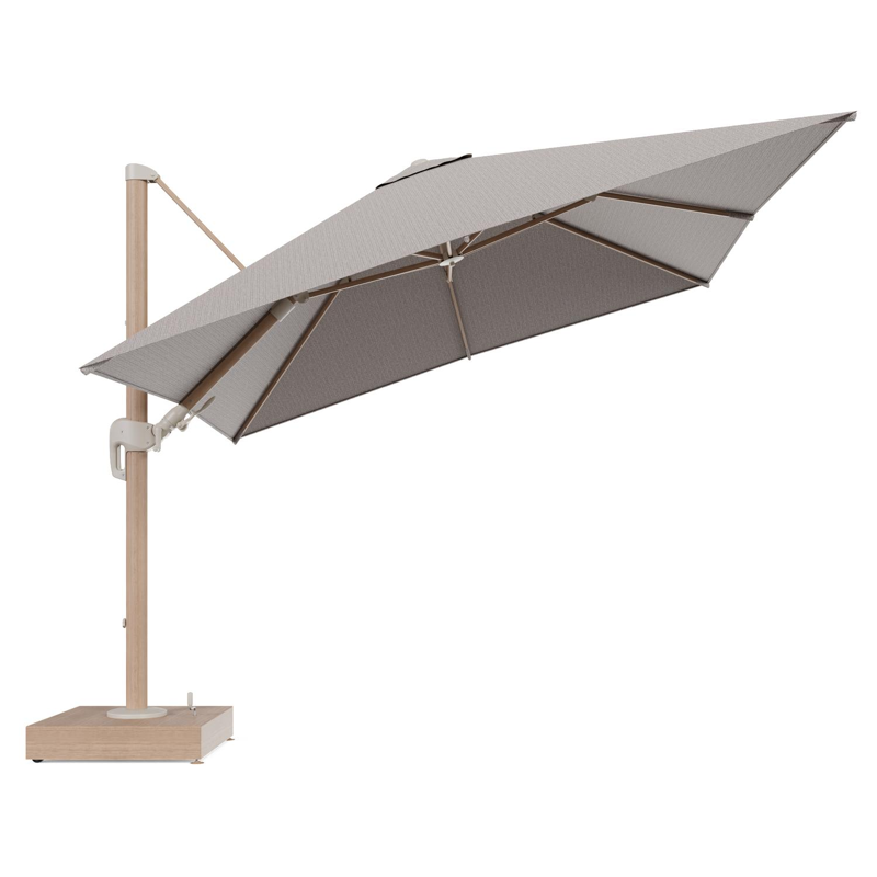 Rufina zweefparasol met tiltfunctie in houtlook aluminium en Wander Granite All Weather Sunbrella® Luxe parasoldoek - L1 300 x L2 300 cm met parasolvoet Minore 150 kg met wielen