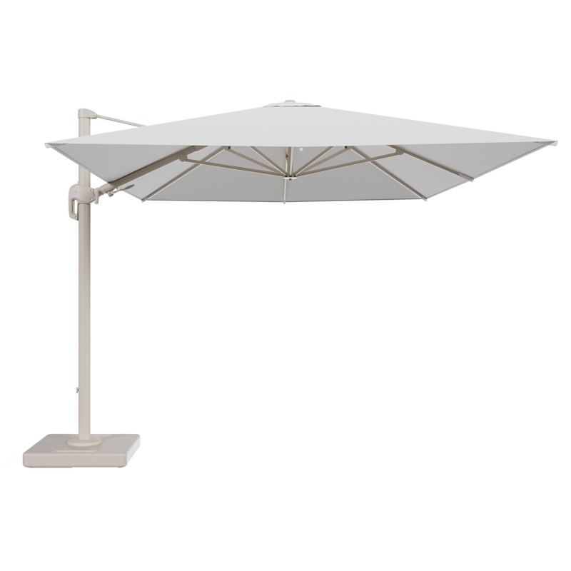 Parasol pendant Rufina avec fonction tilt en aluminium beige et toile de parasol en All Weather Solica Ego Birch - Lg.1 400 x Lg.2 300 cm avec pied de parasol Lapido 160 kg