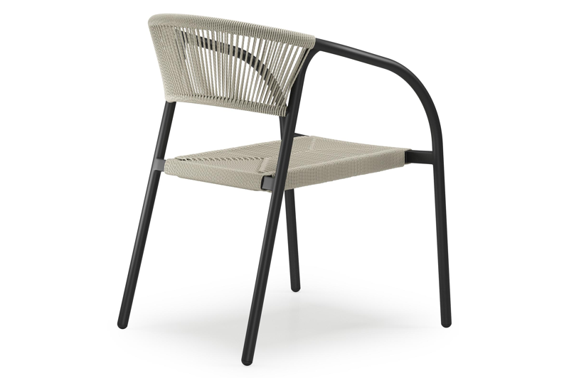 Melo stapelbare tuinstoel in zwart aluminium en beige gedraaide ronde wicker