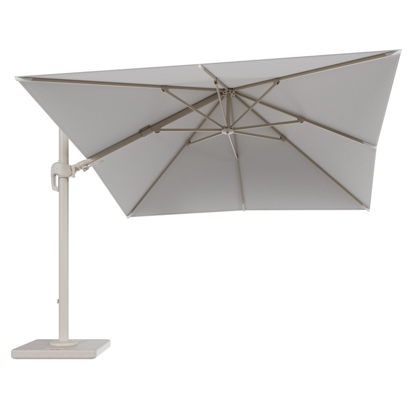 Rufina zweefparasol tiltfunctie in beige aluminium en parasoldoek in All Weather Solica Soul Optik - L1 300 x L2 300 cm met parasolvoet Lapido 120 kg