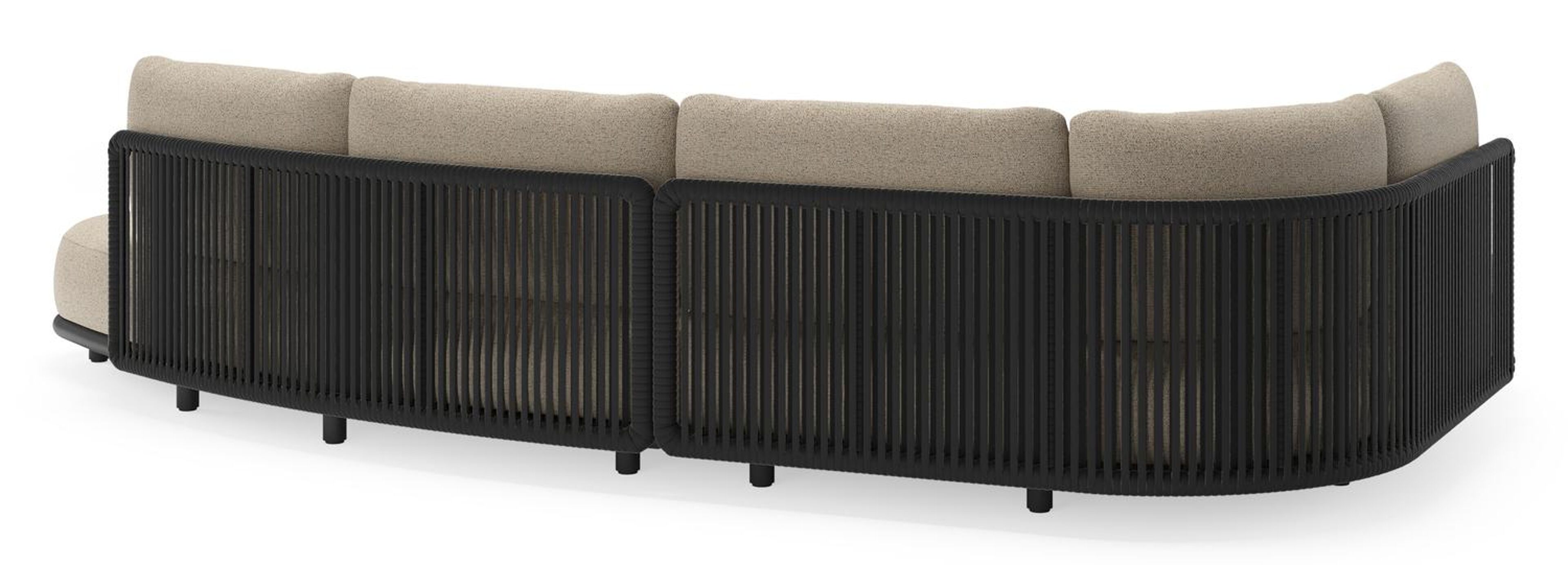 Lomano loungehoek in zwart aluminium en zwart verticaal geweven luxe vlakke rope met marbella zwart all weather cosytica kussen