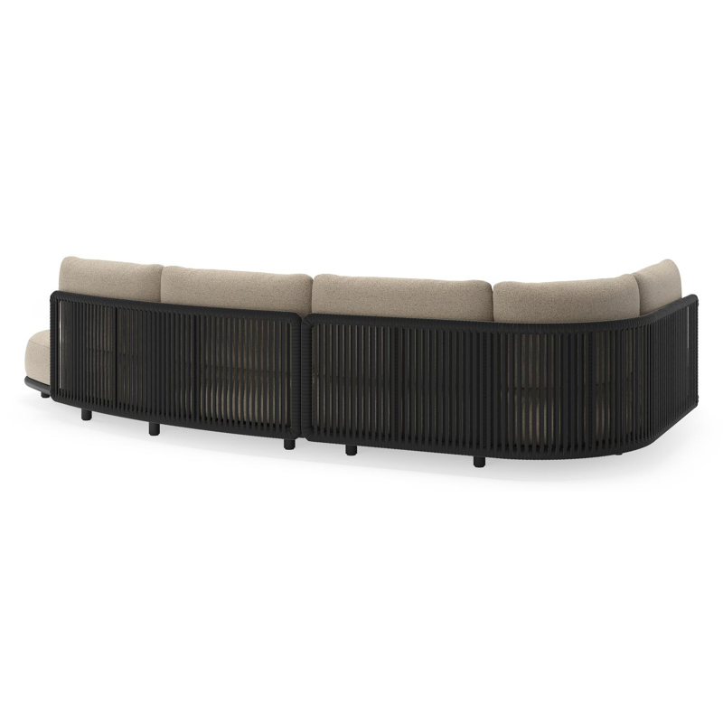 Lomano loungehoek in zwart aluminium en zwart verticaal geweven luxe vlakke rope met marbella zwart all weather cosytica kussen