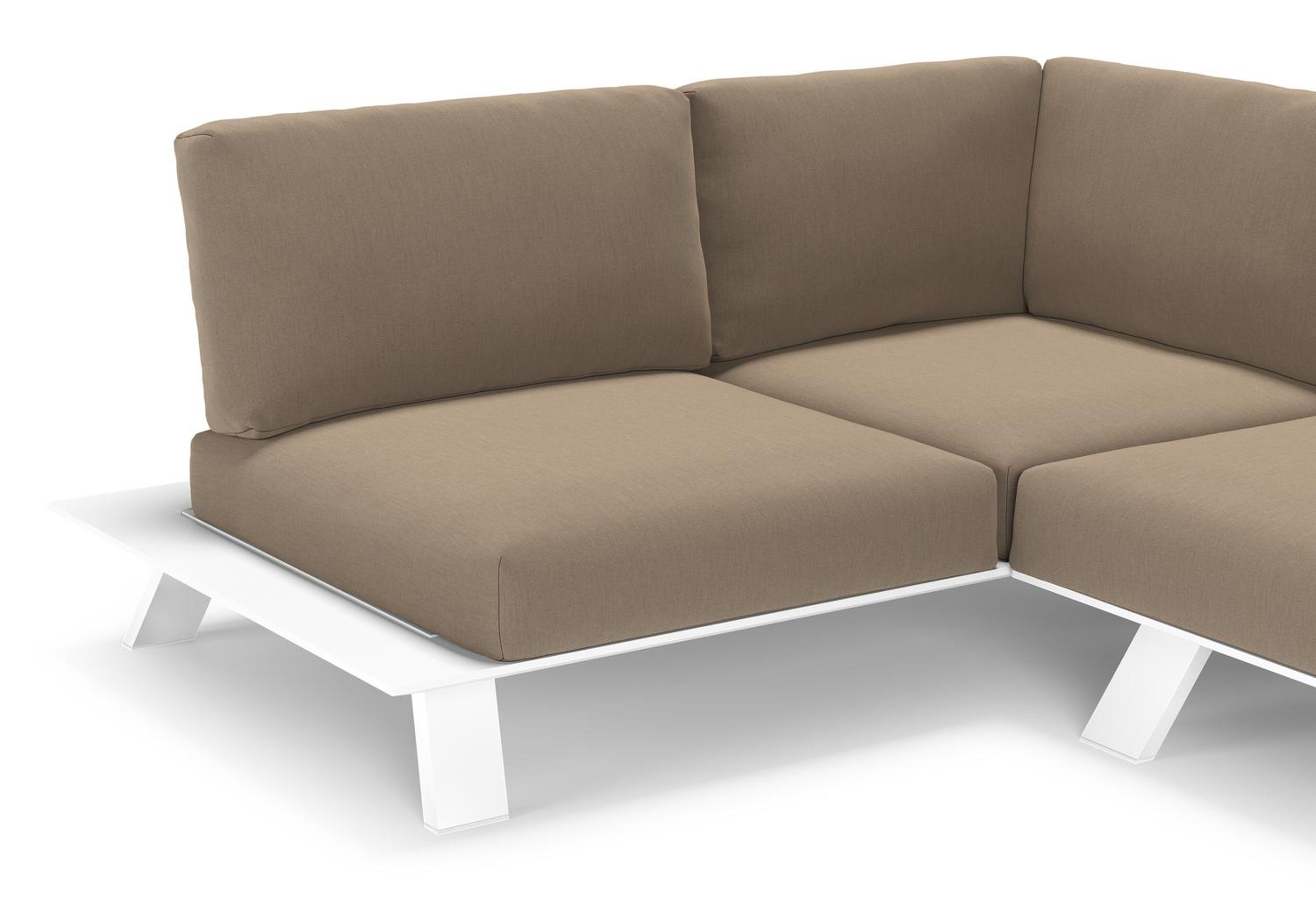 Salon de jardin d'angle Cesano en aluminium blanc et coussin en all weather Sunbrella® luxe natte heather grey
