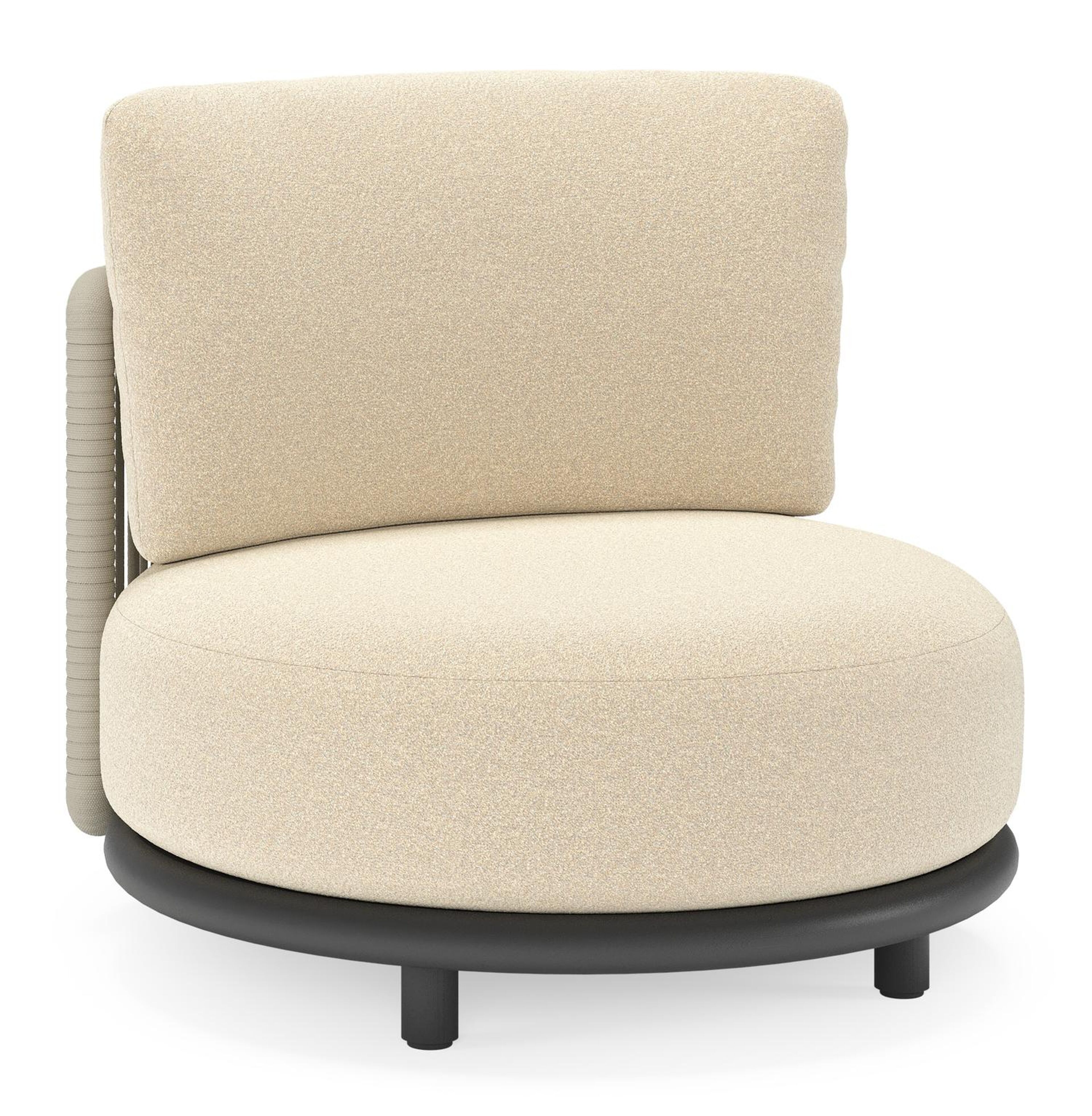 Fauteuil de jardin Lomano en aluminium noir et corde luxe plate tissée verticalement beige et coussins en all weather solica Soul Papyrus