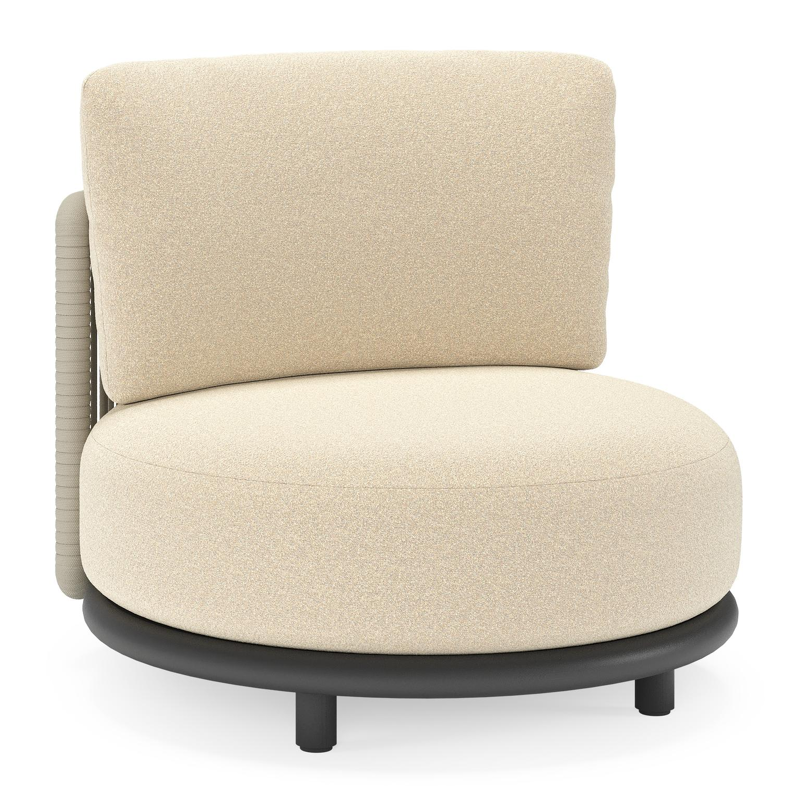 Fauteuil de jardin Lomano en aluminium noir et corde luxe plate tissée verticalement beige et coussins en all weather solica Soul Papyrus