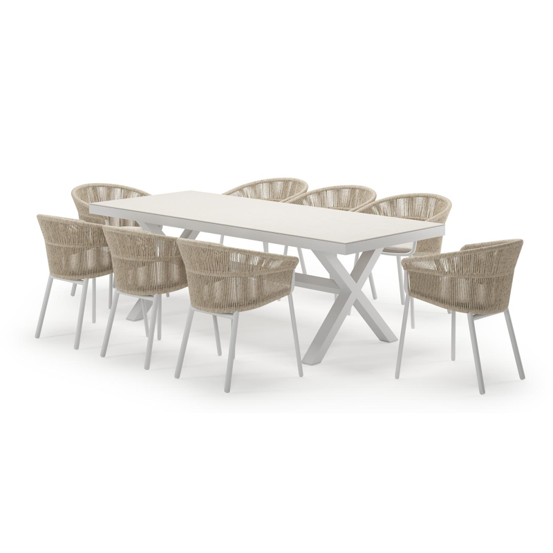 Reza ensemble de jardin rectangulaire en aluminium blanc en sintered stone crema minerale avec 8 chaises de jardin Matera