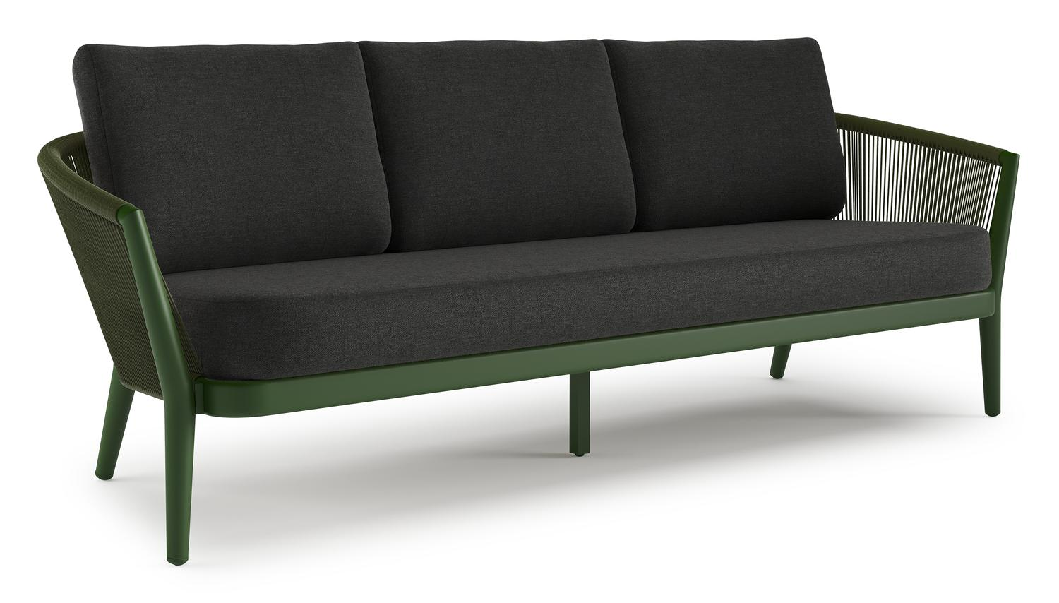 Orso loungebank in groen aluminium en groen verticaal geweven ronde rope met Chartres Sooty all weather sunbrella® luxe kussen