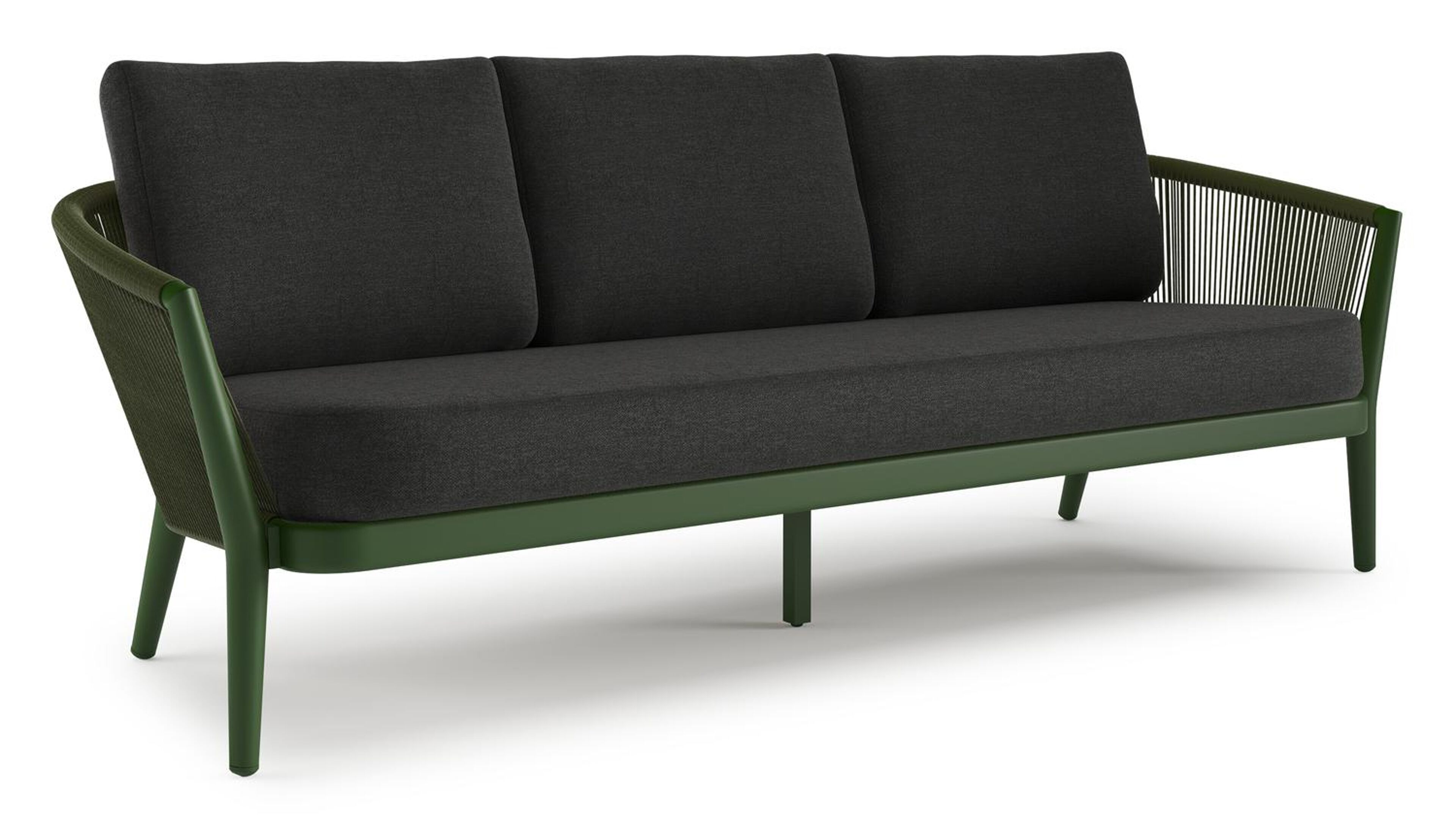 Canapé de jardin Orso en aluminium vert en corde ronde tissée verticalement vert et coussins en all weather sunbrella® luxe Chartres Sooty