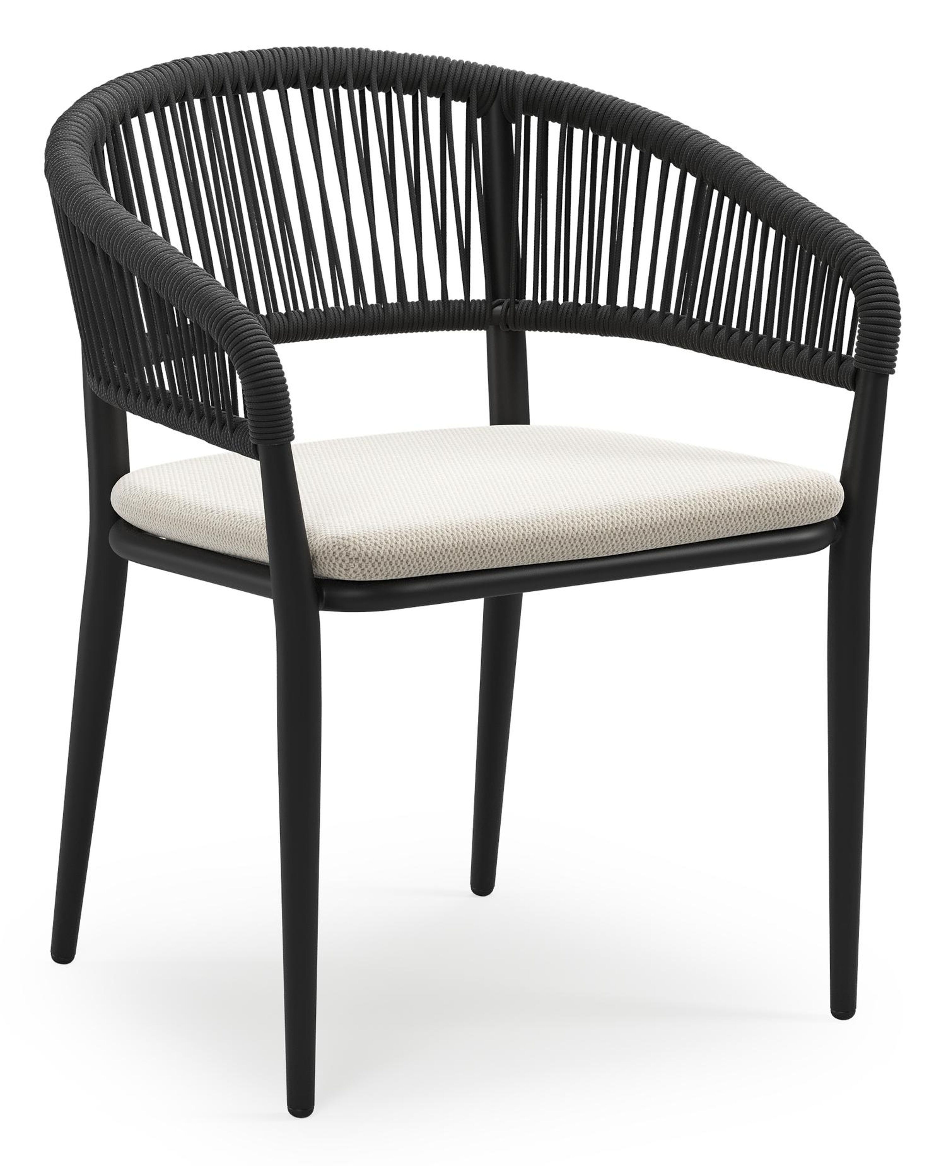 Tolfa stapelbare tuinstoel in zwart aluminium en zwart verticaal geweven ronde rope met stoelkussen in All Weather Sunbrella® Luxe Lopi Marble