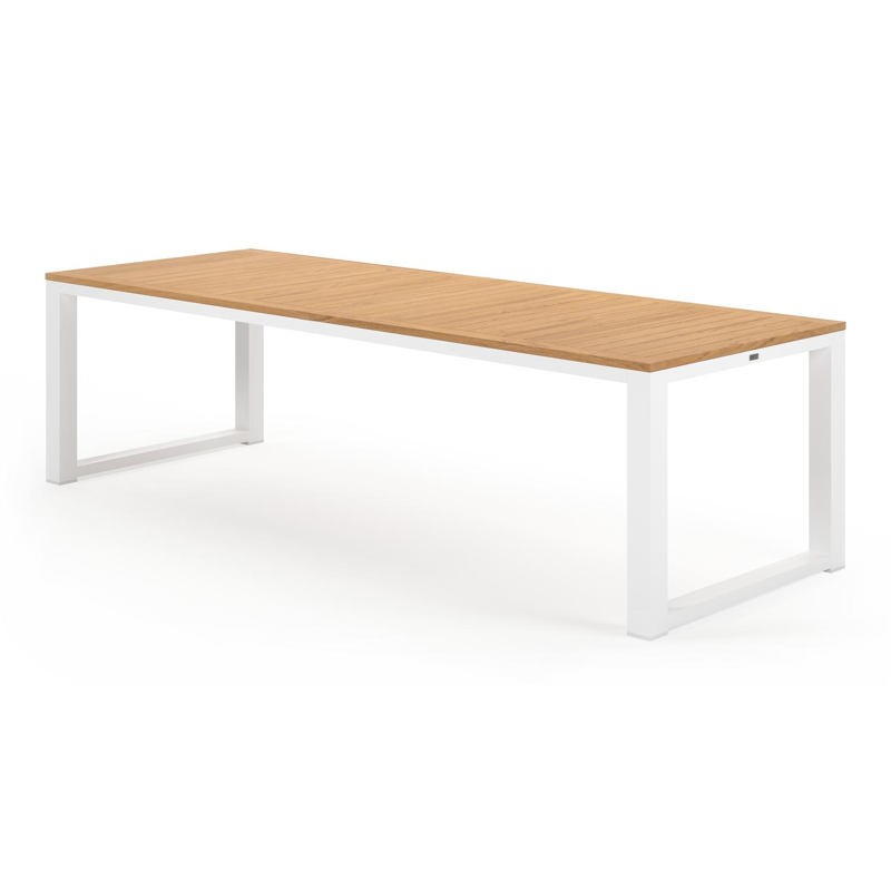 Livo tuinset in wit aluminium en naturel teak tafelblad met 8 stapelbare Calobra tuinstoelen