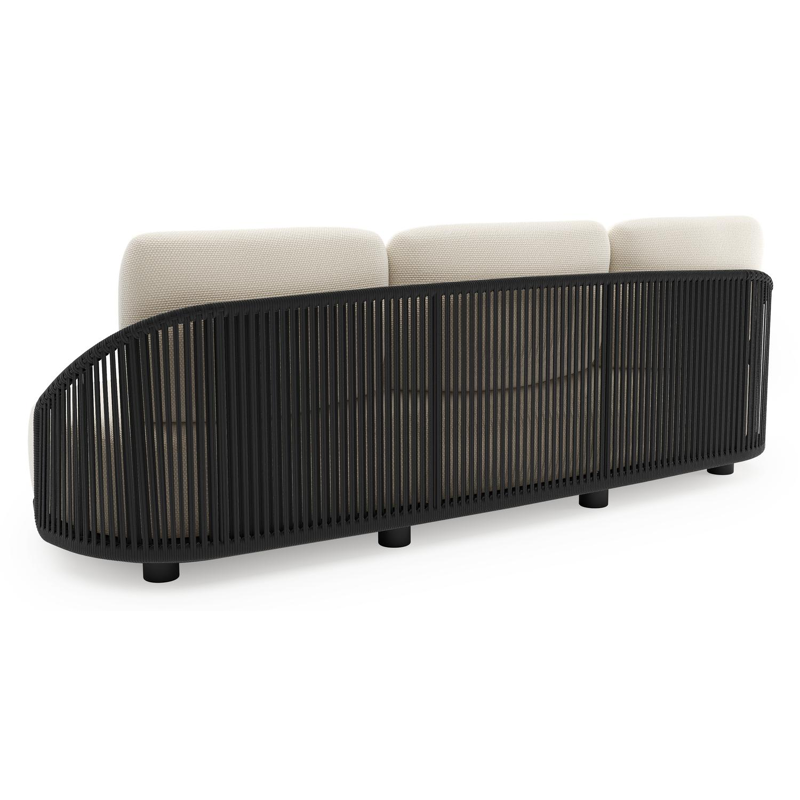 Canapé de jardin Vadelo en aluminium noir et corde ronde tissée verticalement noir et coussins en all weather cosytica althea off white