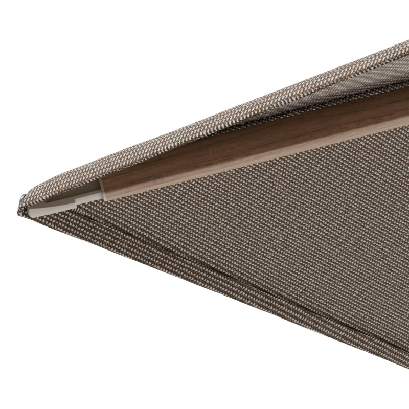 Parasol pendant Minore avec fonction tilt en aluminium aspect de bois et toile de parasol All Weather Solica Firenze Earth - Lg.1 280 Lg.2 370 cm avec pied de parasol Minore 260 kg avec roulettes