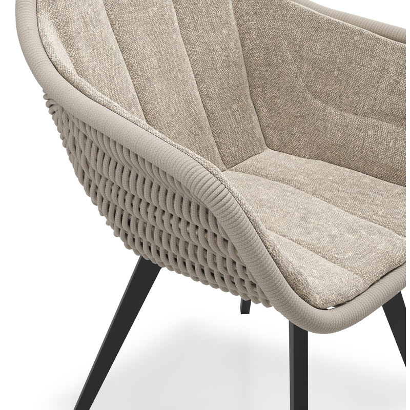 Pagino tuinstoel in zwart aluminium en beige verticaal geweven ronde rope met zitkussen in All Weather Sunbrella® Luxe Chartres Pewter