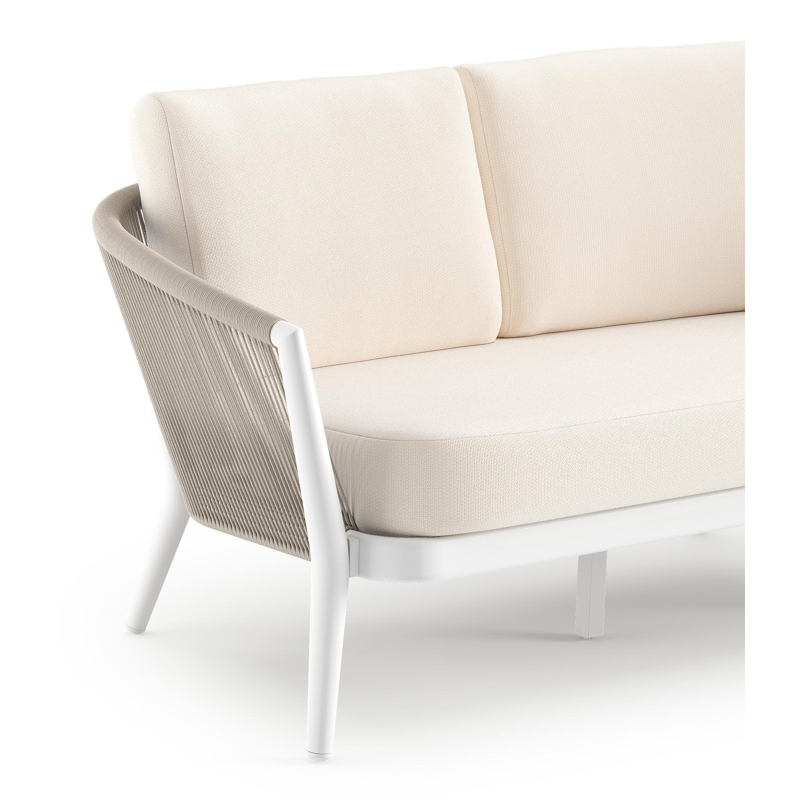 Orso loungebank in wit aluminium en beige verticaal geweven ronde rope met Lopi Snow all weather sunbrella® luxe kussen