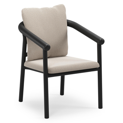 Amico stapelbare tuinstoel in zwart aluminium met stoelkussen in All Weather Sunbrella® Luxe Lopi Fossil