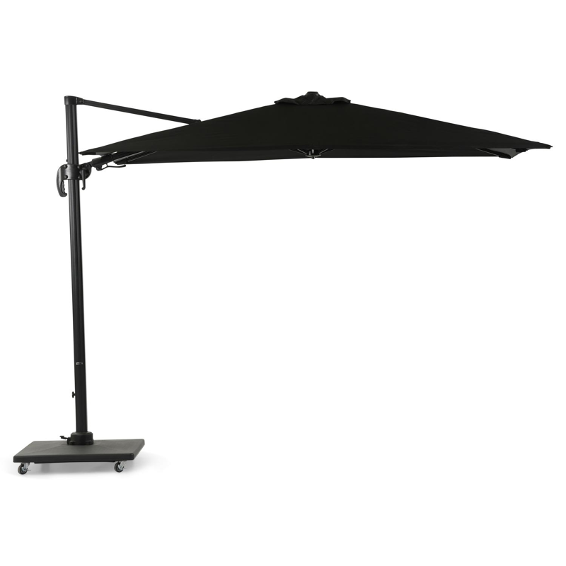 Avola zweefparasol met tiltfunctie in zwart aluminium met zwart weather+ softtouch parasoldoek - L1 200 x L2 300 cm (met voet)