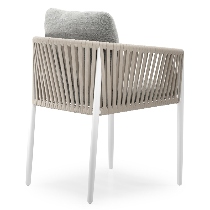 Organo tuinstoel in wit aluminium en beige verticaal geweven luxe vlakke rope met zitkussen in All Weather Sunbrella® Luxe Savane Nimbus