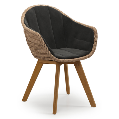 Pagino tuinstoel in teak en naturel ronde wicker met zitkussen in All Weather Sunbrella® Luxe Natte Sooty