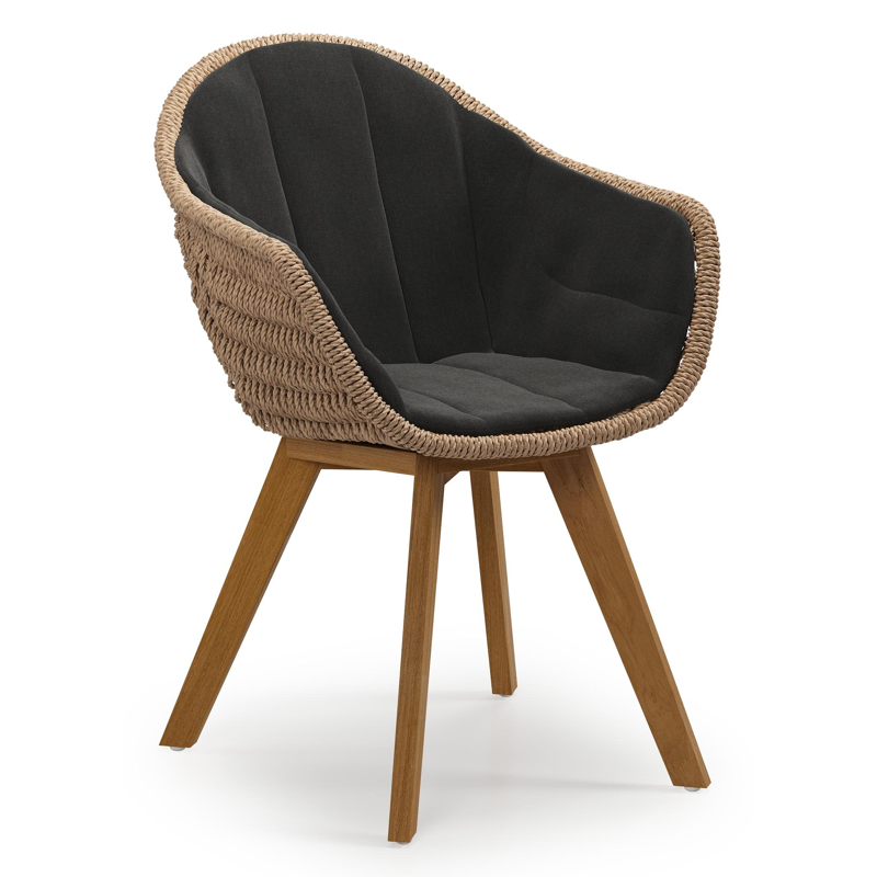 Pagino tuinstoel in teak en naturel ronde wicker met zitkussen in All Weather Sunbrella® Luxe Natte Sooty