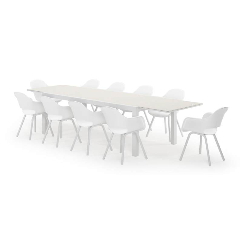Calobra rechthoekige uitschuifbare tuinset in wit aluminium en sintered stone crema minerale met 10 Artena tuinstoelen
