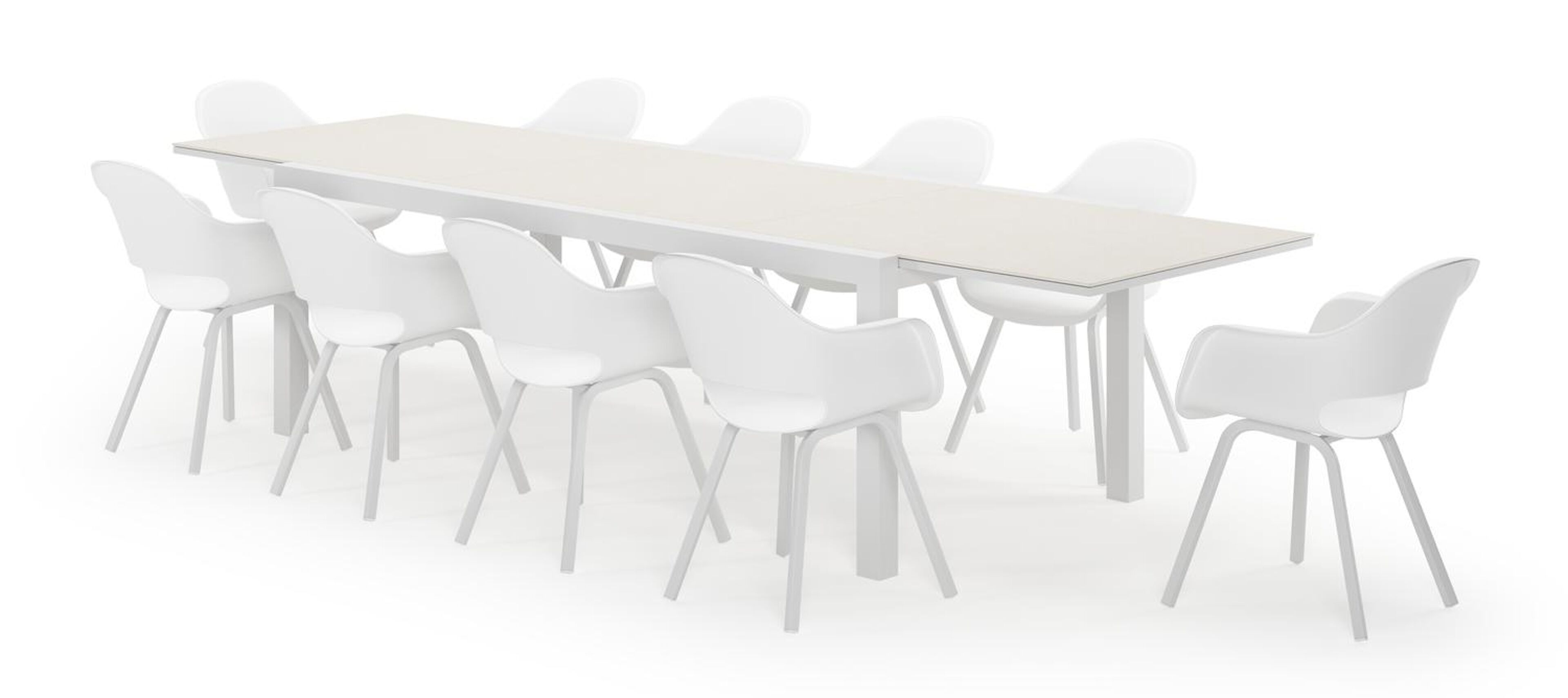 Calobra rechthoekige uitschuifbare tuinset in wit aluminium en sintered stone crema minerale met 10 Artena tuinstoelen
