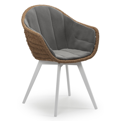 Pagino tuinstoel in wit aluminium en bruin ronde wicker met zitkussen in All Weather Sunbrella® Luxe Natte Charcoal Chine