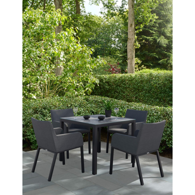 Feltro tuinset in zwart aluminium en grijs keramisch glas tafelblad met 4 Rivo tuinstoelen