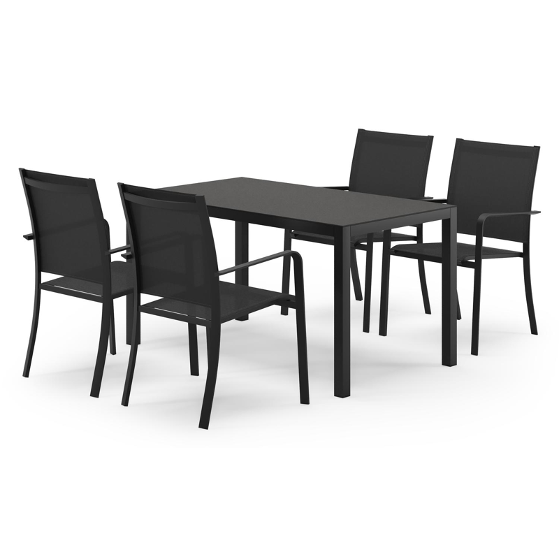 Feltro rechthoekige tuinset in zwart aluminium en sintered stone notte minerale met 4 Calobra tuinstoelen