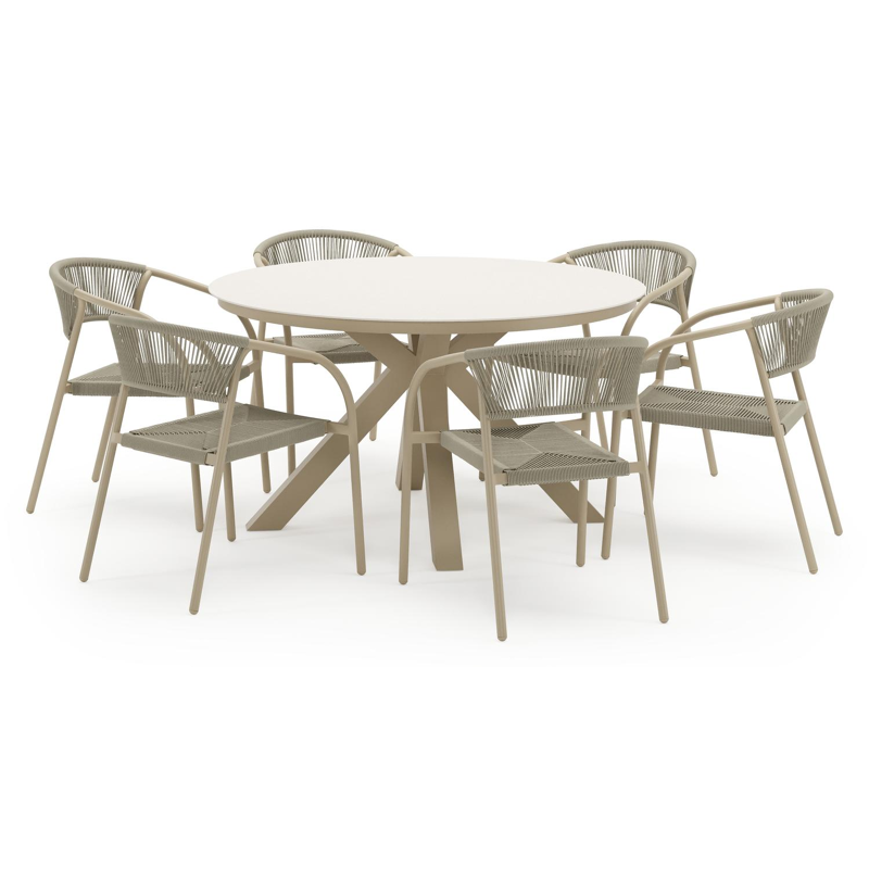 Tora tuinset in beige aluminium en beige sintered stone met 6 stapelbare Melo tuinstoelen