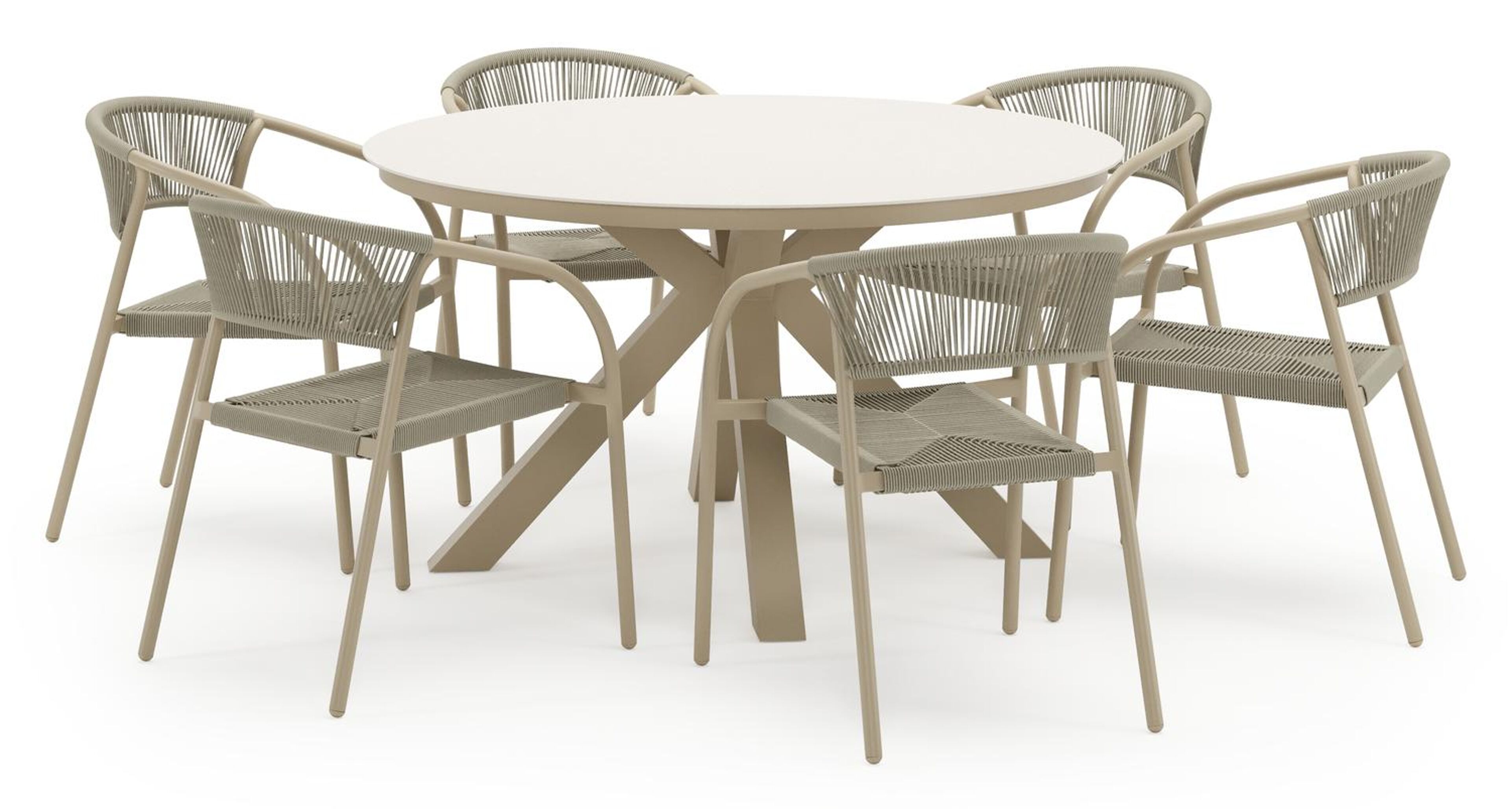 Tora tuinset in beige aluminium en beige sintered stone met 6 stapelbare Melo tuinstoelen