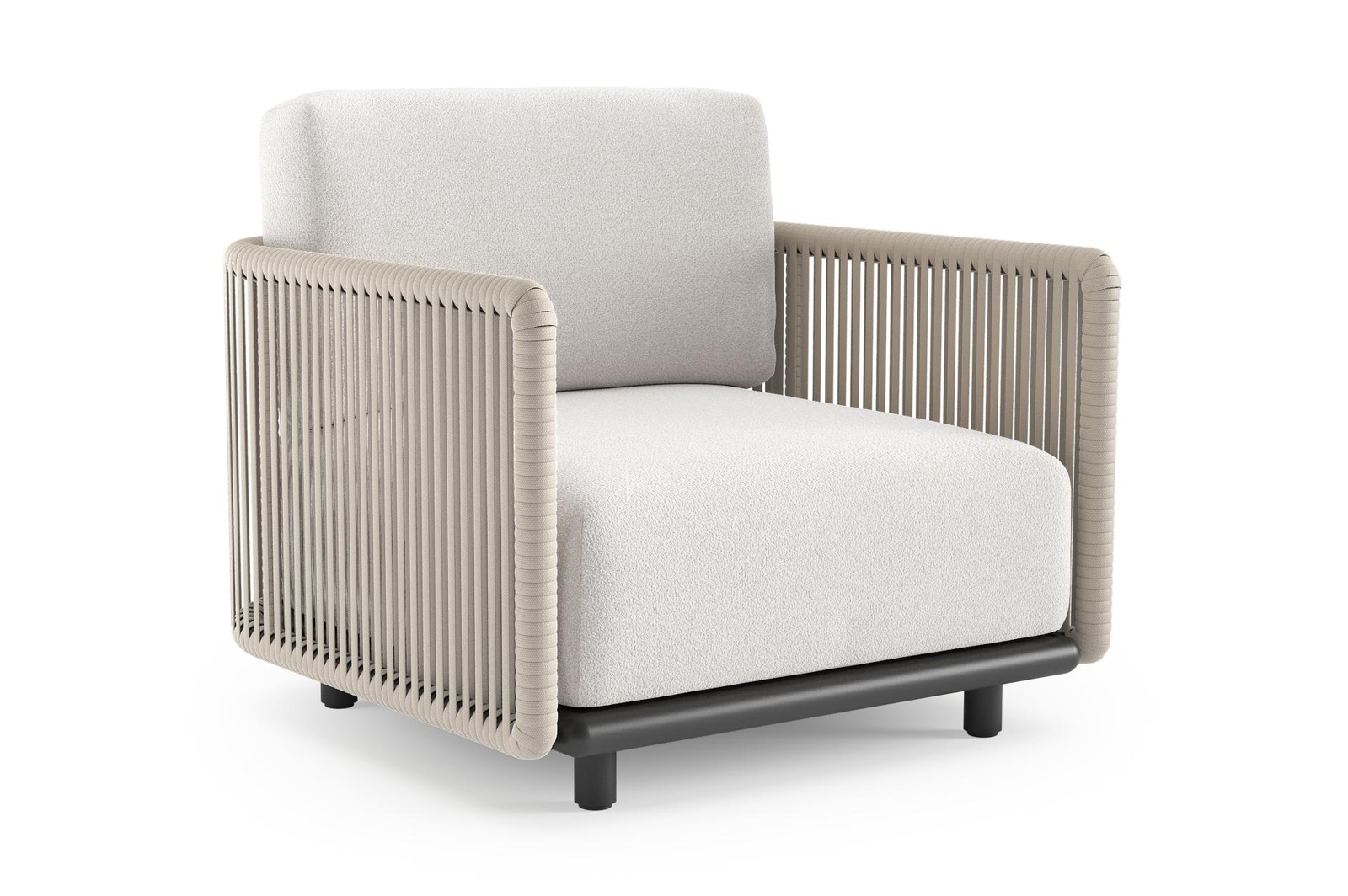 Fauteuil de jardin Organo en aluminium noir et corde luxe plate tissée verticalement beige et coussin en all weather Solica soul optik