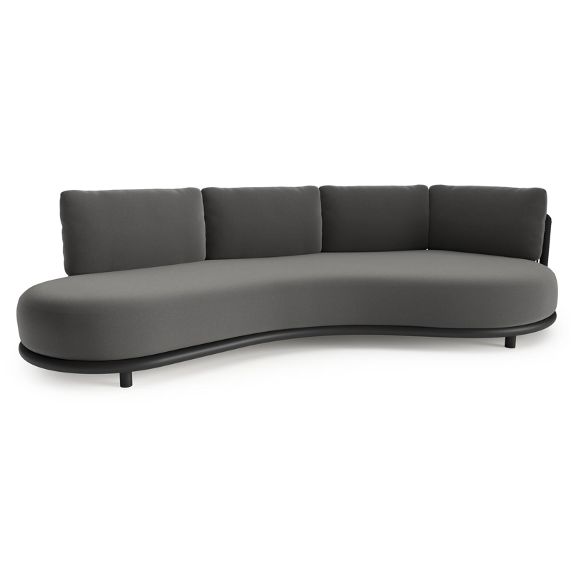 Lomano loungebank in zwart aluminium en zwart verticaal geweven luxe vlakke rope met natte charcoal chine all weather sunbrella® luxe kussen