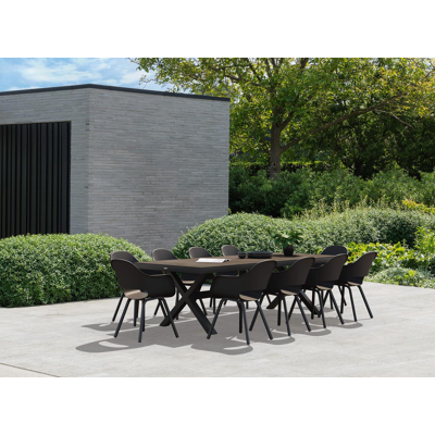 Reza tuinset in zwart aluminium en zwart volkeramiek tafelblad met 10 Artena tuinstoelen