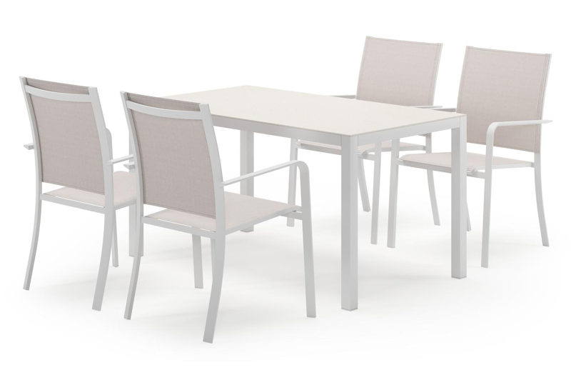 Feltro rechthoekige tuinset in wit aluminium en sintered stone crema minerale met 4 Calobra tuinstoelen