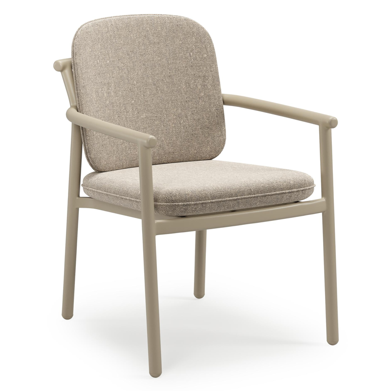 Bono stapelbare tuinstoel in beige aluminium met stoelkussen in All Weather Sunbrella® Luxe Chartres Pewter