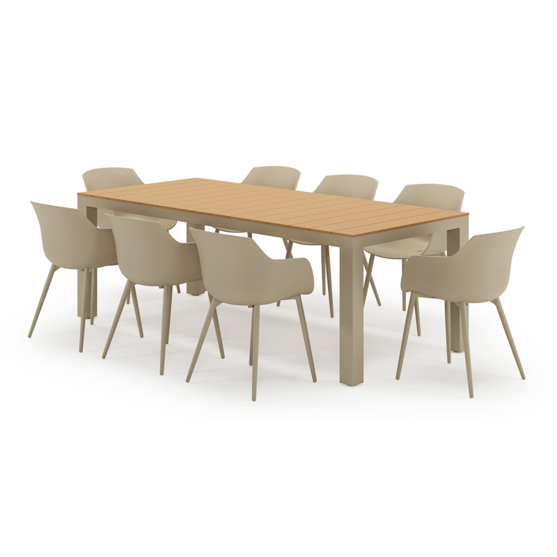Ensemble de jardin Calzo en aluminium beige et polywood avec 8 chaises de jardin Paco