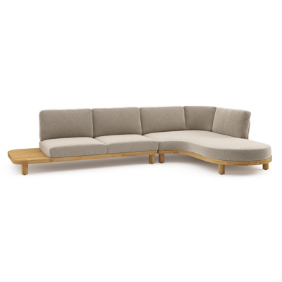 Donato loungehoek in teak en beige verticaal geweven ronde rope met all weather sunbrella® luxe Chartres Pewter kussen