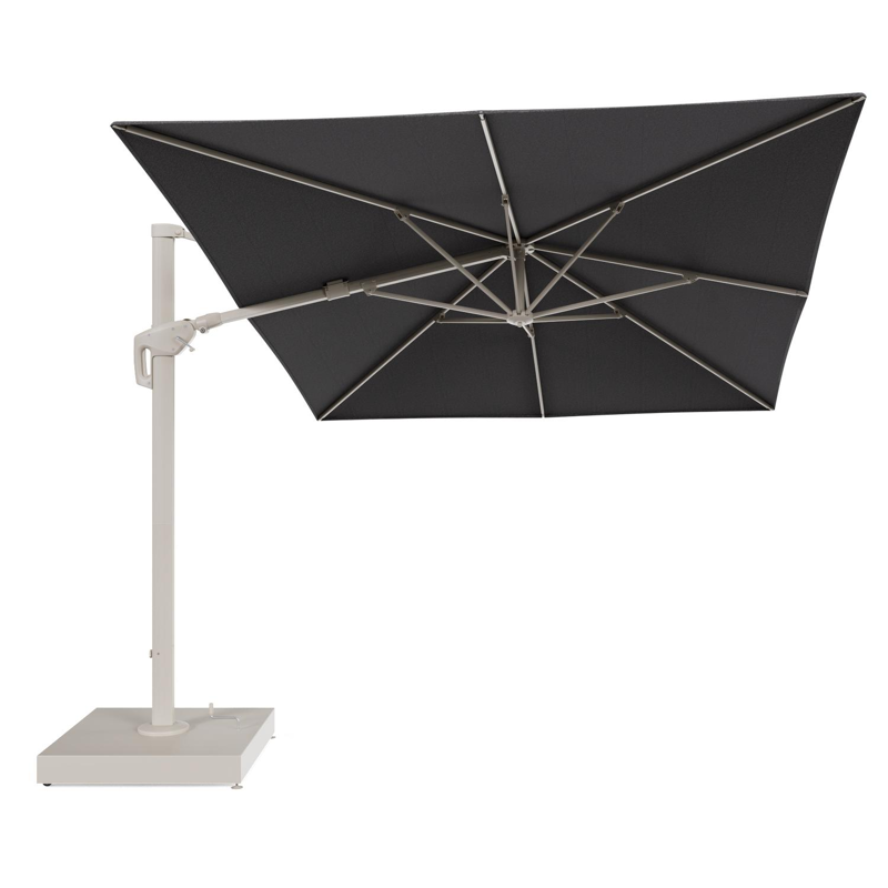 Minore zweefparasol met tiltfunctie in beige aluminium en Firenze Tunder All Weather Solica parasoldoek - L1 400 x L2 300 cm met parasolvoet Minore 260 kg met wielen