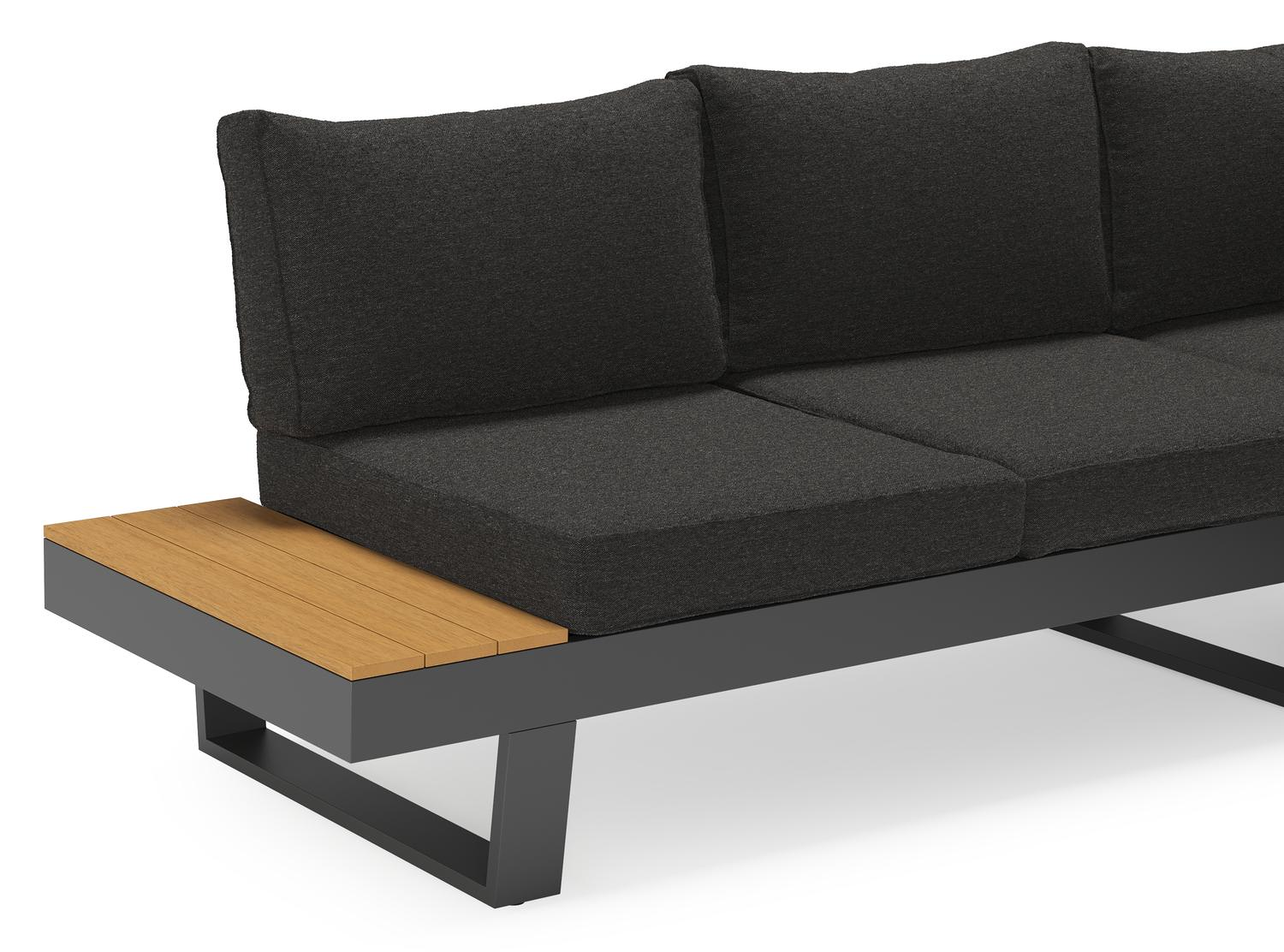 Salon de jardin d'angle Alora en aluminium noir et polywood et coussins en weather+ softtouch noir