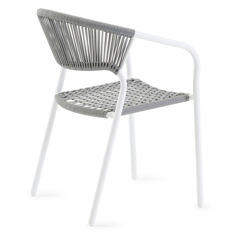 Ensemble de jardin Calzo en aluminium blanc avec plateau de table en polywood naturel et 8 chaises de jardin empilables Vigo