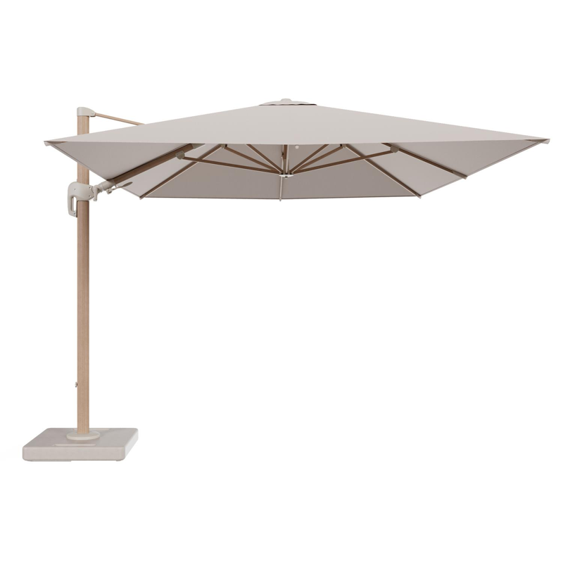 Rufina zweefparasol tiltfunctie in houtlook aluminium en parasoldoek in All Weather Sunbrella® Luxe Wander Pilat - L1 400 x L2 300 cm met parasolvoet Lapido 160 kg