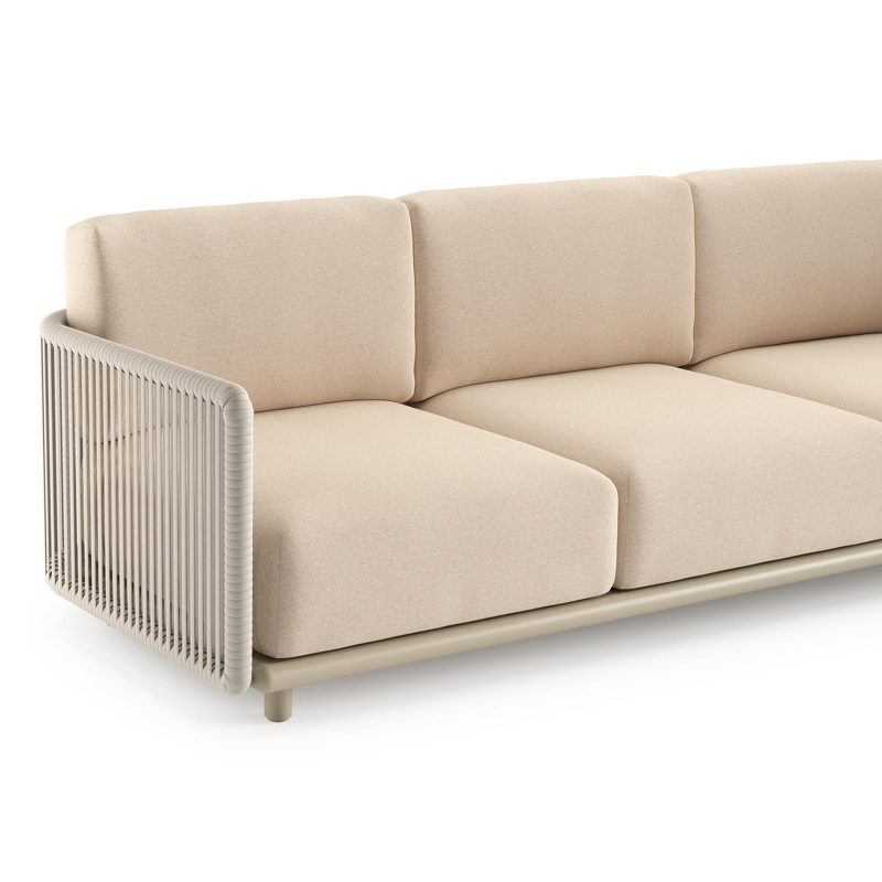 Organo loungeset in beige aluminium en beige verticaal geweven luxe vlakke rope met heritage papyrus all weather Sunbrella® luxe kussen