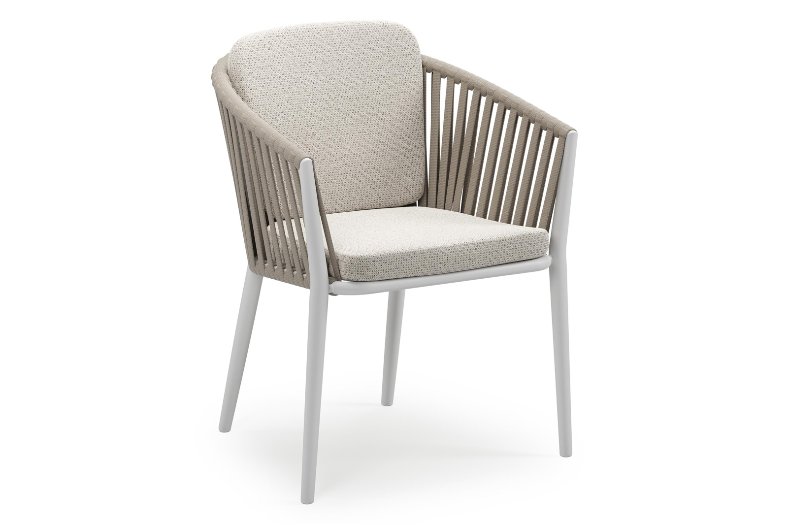 Chaise de jardin empilable Orso en aluminium blanc et corde large plate de luxe tissée verticalement beige avec coussin en All Weather Solica Firenze Natural