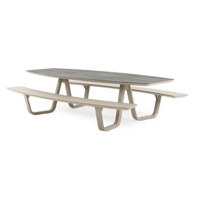 Forno picknicktafel bootvorm in beige aluminium en volkeramiek Aspen Grey - L 280 x B 192 x H 72 cm