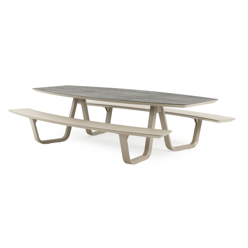 Forno picknicktafel bootvorm in beige aluminium en volkeramiek Aspen Grey - L 280 x B 192 x H 72 cm